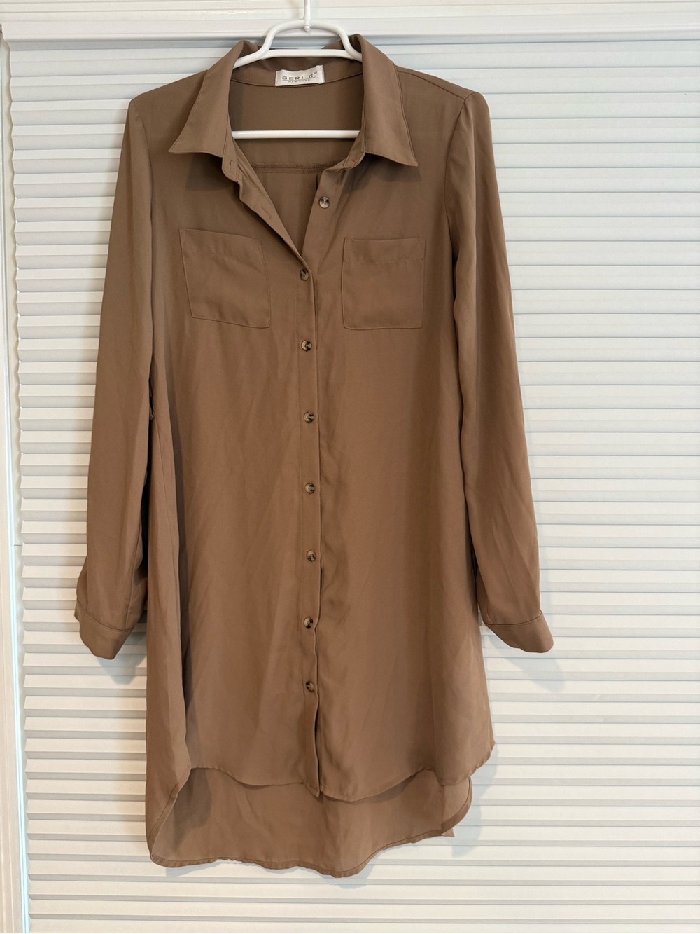 Longline Button-Front Blouse in Brown